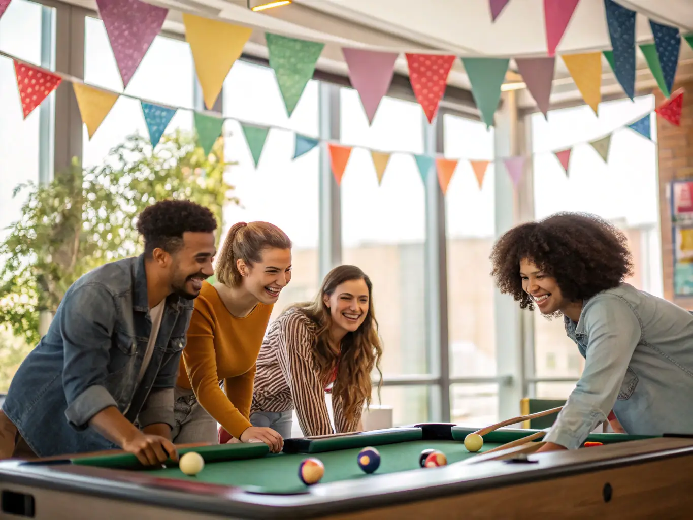 A heartwarming image of CDBAM members participating in a community outreach event, teaching billiard skills to underprivileged youth, fostering inclusivity and promoting the sport.