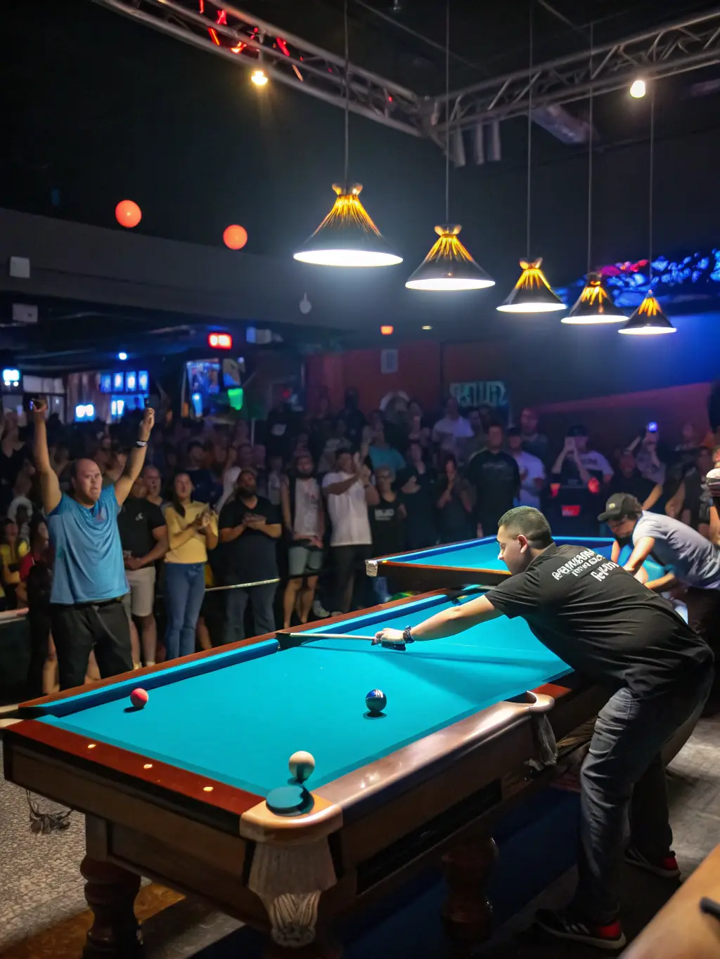A community event hosted by CDBAM, showcasing a friendly billiard competition with participants and spectators enjoying the games.