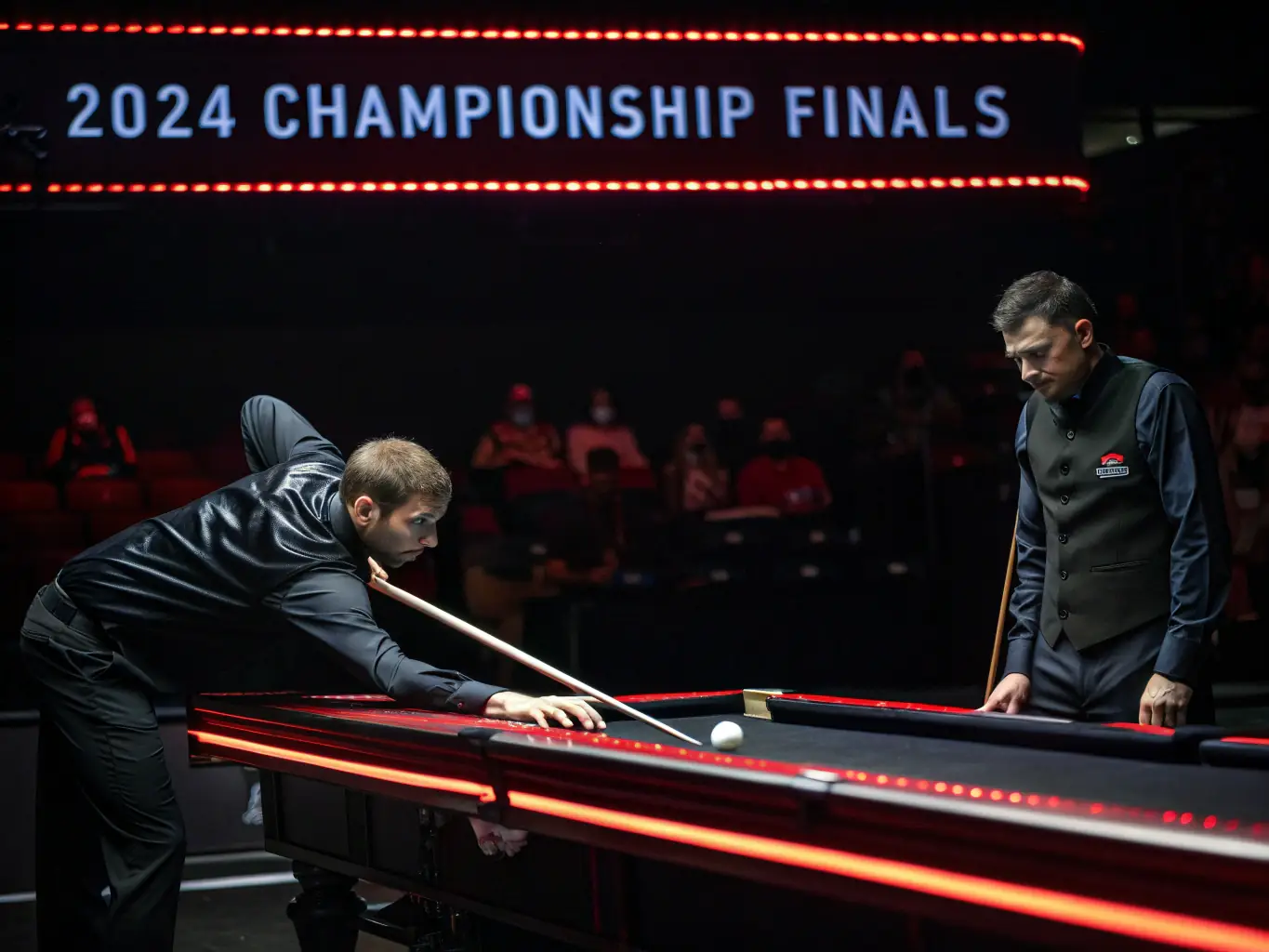 An action shot of advanced players participating in a high-stakes billiard tournament, showcasing precision shots and strategic gameplay, with spectators observing in the background.