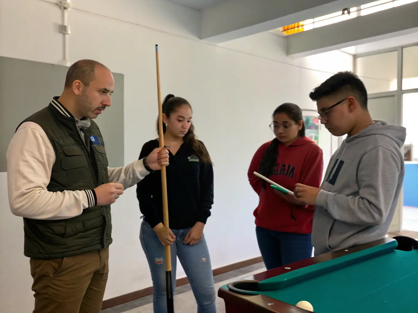 A vibrant image depicting a group of participants engaged in a beginner's billiard workshop, focusing on fundamental techniques and cue handling, set in a well-lit and equipped billiard hall.